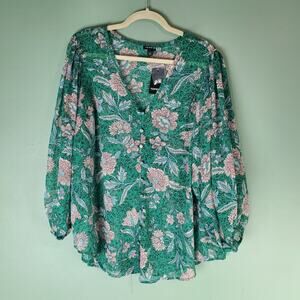 Torrid Womens Green Chiffon Lurex Floral Print Button Up V-Neck Blouse Size 1